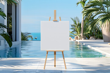 White wooden easel with blank canvas set on a terrace near a serene poolside