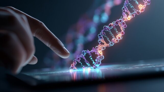Abstract luminous DNA molecule. Doctor using tablet and check with analysis chromosome DNA genetic