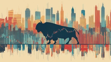 American stock market, which is depicted as a combination of typical American features and a stock chart