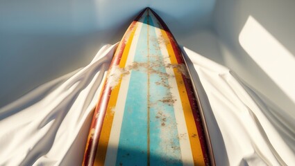 Retro surfboard against a white backdrop, vintage design