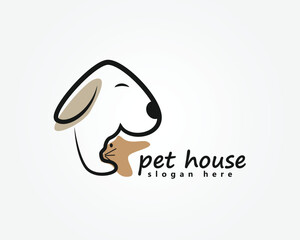 pet house logo, creative dog forming a house with a cat underneath, logo design inspiration
