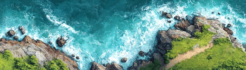 Aerial view of rocky coastline with turquoise waves and lush greenery.