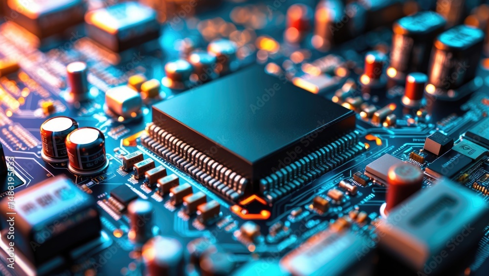 Poster sophisticated background with microchip circuitry texture.