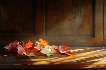 Obraz premium Autumnal maple leaves in warm light on wooden panel background, showing seasonal color and beauty.
