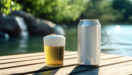 Blank Metallic Soda Can Mockup on Outdoor Bench by Water in Sunshine, 300dpi, 3D