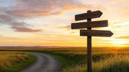 Wooden road sign stands against vibrant sunset, guiding travelers along winding path
