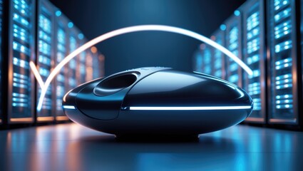 Image depicting a circular scanner, data processing, and a computer server area with text overlay. Concept of technology for business networking and data storage