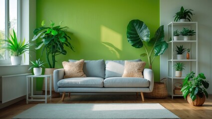 Sofa and shelving unit accompanied by assorted houseplants by the wall in the living room