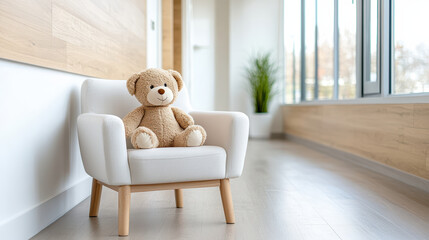 Cozy teddy bear sits on white armchair in bright, modern room with wooden accents