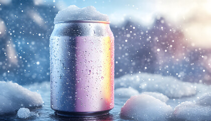 Cold Colorful Metallic Soda Can with Snow, Ice, and Condensation Drops – Fresh Drink Mockup