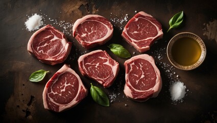 Uncooked beef cuts such as filet and porterhouse prepared for grilling on a wooden board.
