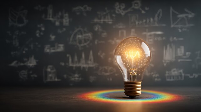A glowing light bulb sits on a surface with a rainbow halo, in front of a chalkboard filled with scientific and mathematical sketches