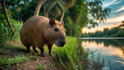 Capybara feeding by the lakeside