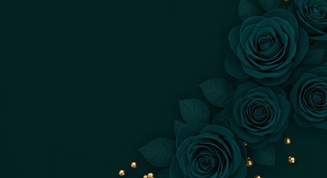 Luxurious Teal Roses and Gold Beads on a Dark Background
