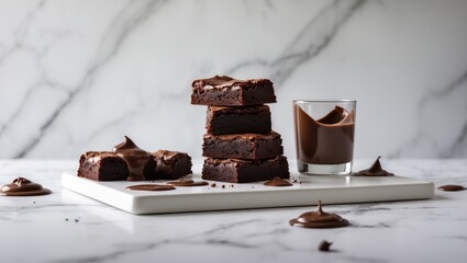Brownies with dark chocolate arranged on a white board against a white backdrop. Dessert idea.