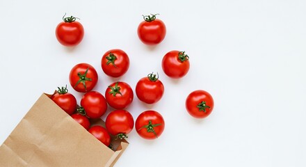 Fresh Red Tomatoes in Paper Bag on White Background