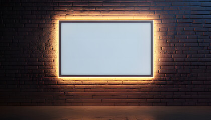 Empty Illuminated Frame Mounted on Brick Wall