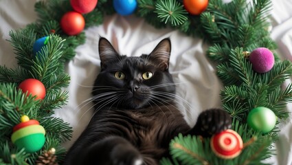 Obraz premium A humorous black cat rests on the bed surrounded by decorations in a circle of green pine branches and toys. Flat lay, top view