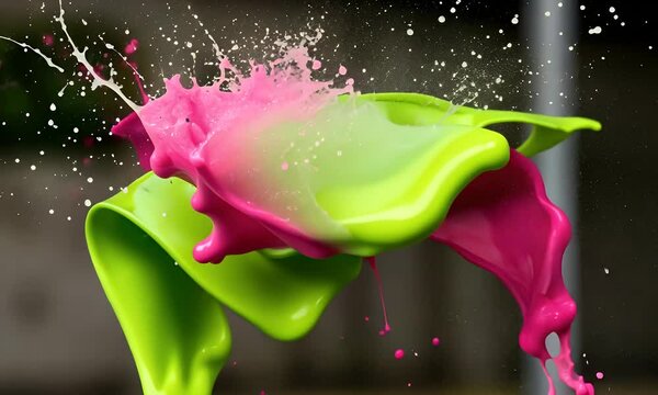 Vibrant Pink And Green Paint Splash In Motion Against Blurred Background