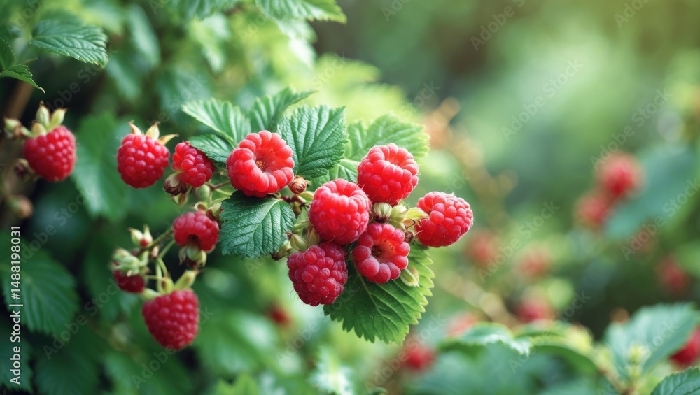 Poster garden featuring red raspberries. close-up view of a ripe raspberry branch.
