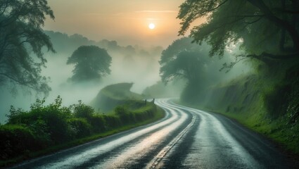 Country road shrouded in summer morning fog