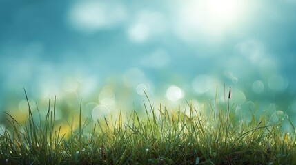 Beautiful sunny spring meadow with green grass and blue sky. Abstract background with light bokeh with copy space