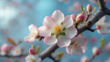 Close shot of a tree branch with white blossoms