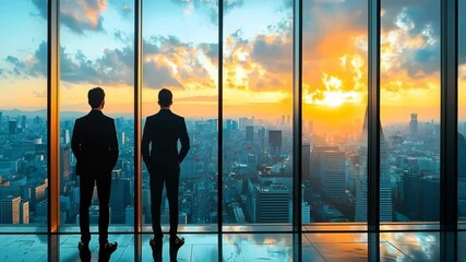 Two professionals discussing business terms in a minimalist office with panoramic city views - Powered by Adobe