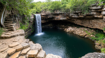 Stunning waterfall cascading into serene pool surrounded by rocky cliffs and lush greenery