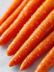 Fresh, vibrant carrots with water droplets, arranged on a clean white surface