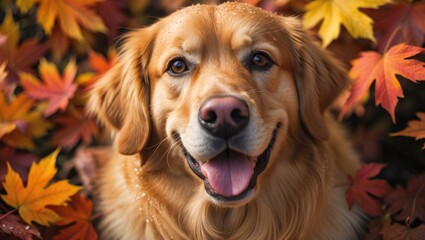 Golden Retriever Dog Beaming at Camera Surrounded by Leaves
