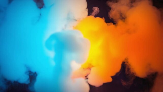 A bright colorful smoke cloud swirling in the air with vivid orange and blue hues, showing an artistic and abstract concept with fluid movement and dreamy surreal visuals	