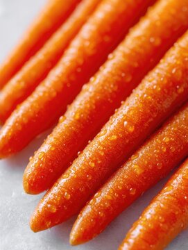 Fresh, vibrant carrots with water droplets, arranged on a clean white surface