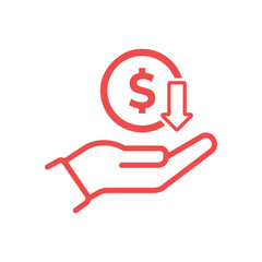 Red hand holding a dollar coin with a downward arrow