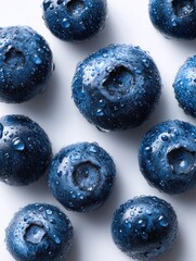 Fresh, vibrant blueberries with water droplets, arranged on a clean white surface