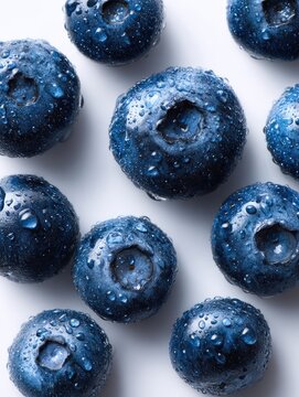Fresh, vibrant blueberries with water droplets, arranged on a clean white surface