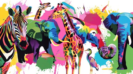 Obraz premium Dive into the Vibrant World of Pop Memphis Colorful Animals: A Whimsical Journey Through Bold Hues, Playful Shapes, and Eclectic Creatures