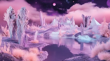 Surreal multiverse dreamscape twisted gravity fields reflective cosmic mirrors and glowing alien vegetation featuring fantasy realm