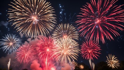Obraz premium Happy New Year Celebration Featuring Red Fireworks during Holiday Festival