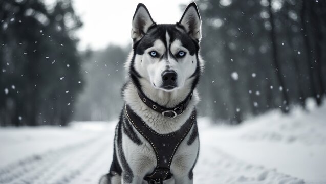 Sled dog Siberian Husky in black and white patiently waiting on snow with collar and harness