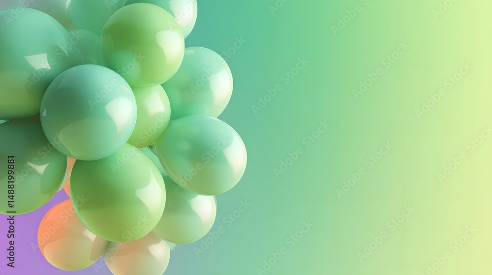 Poster glossy green bubbles on soft gradient background for creative projects