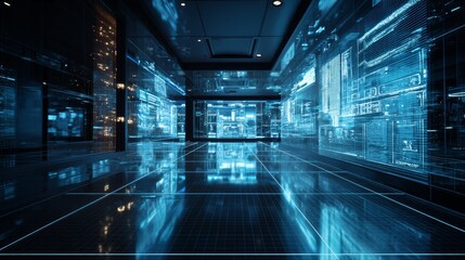 bright technology perspective grid, bluish hues, glowing interface panel, perspective from the right, background resembling an office space or server room vibrant and bright colors