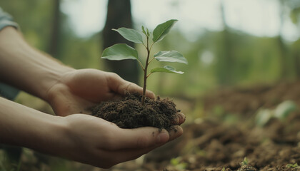 Hand holding a small plant or small tree for giving life to the earth, isolated on white background. Concept of conservation, planting, sustainability, environmental and ecology