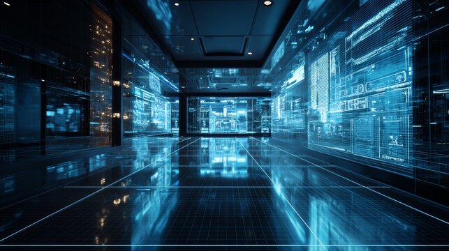 bright technology perspective grid, bluish hues, glowing interface panel, perspective from the right, background resembling an office space or server room vibrant and bright colors - Powered by Adobe