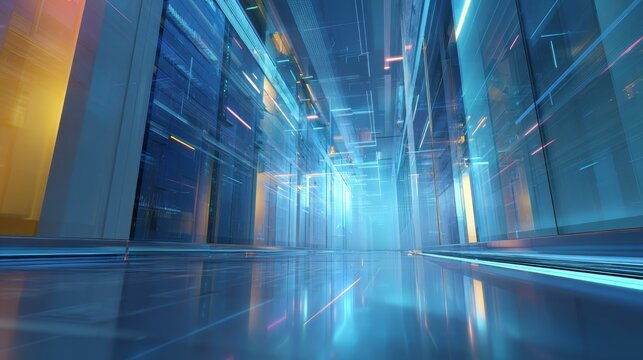 bright technology perspective grid, bluish hues, glowing interface panel, perspective from the right, background resembling an office space or server room vibrant and bright colors - Powered by Adobe