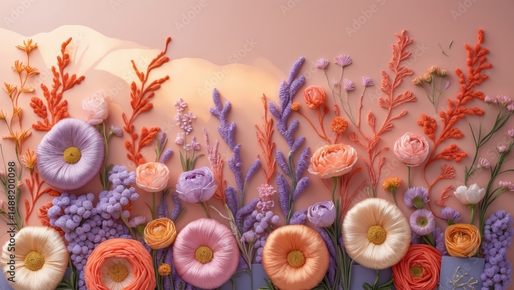 Poster colorful array of textured flowers arranged artistically against a soft gradient background, creatin