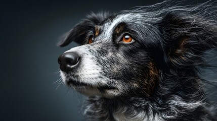 Fototapeta premium Dog with a black and white face and brown eyes. The dog has a black and white coat
