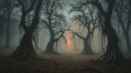Misty, gloomy, dark, and eerie forest