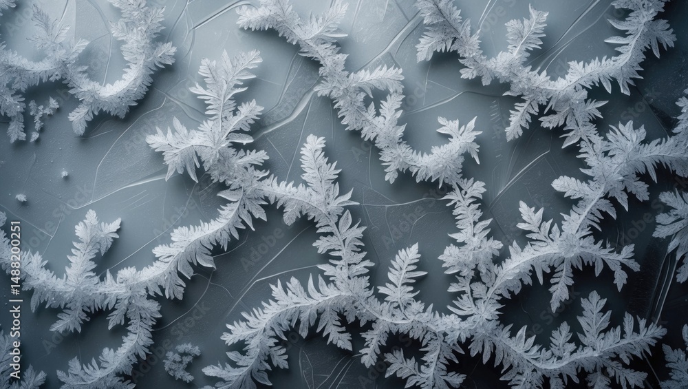 Poster close-up view of detailed frost patterns generating artistic designs on glass.