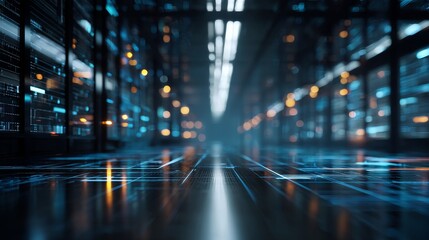 bright technology perspective grid, bluish hues, glowing interface panel, perspective from the right, background resembling an office space or server room vibrant and bright colors